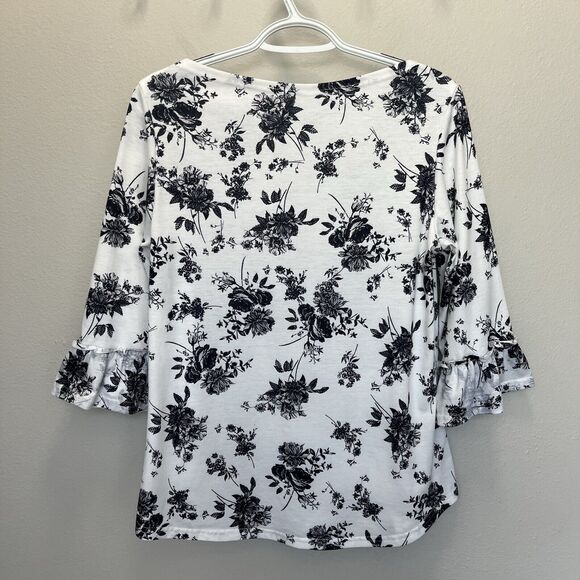 Kistore | Black & White Floral 3/4 Sleeve Top Ruffles Boatneck Medium Prairie - Picture 6 of 6